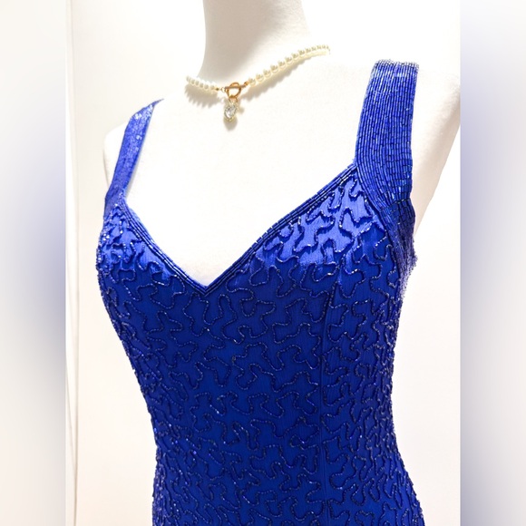 Vintage Y2K Cache Blue Beaded Sequin Silk Formal Evening Gown Dress - Picture 5 of 9